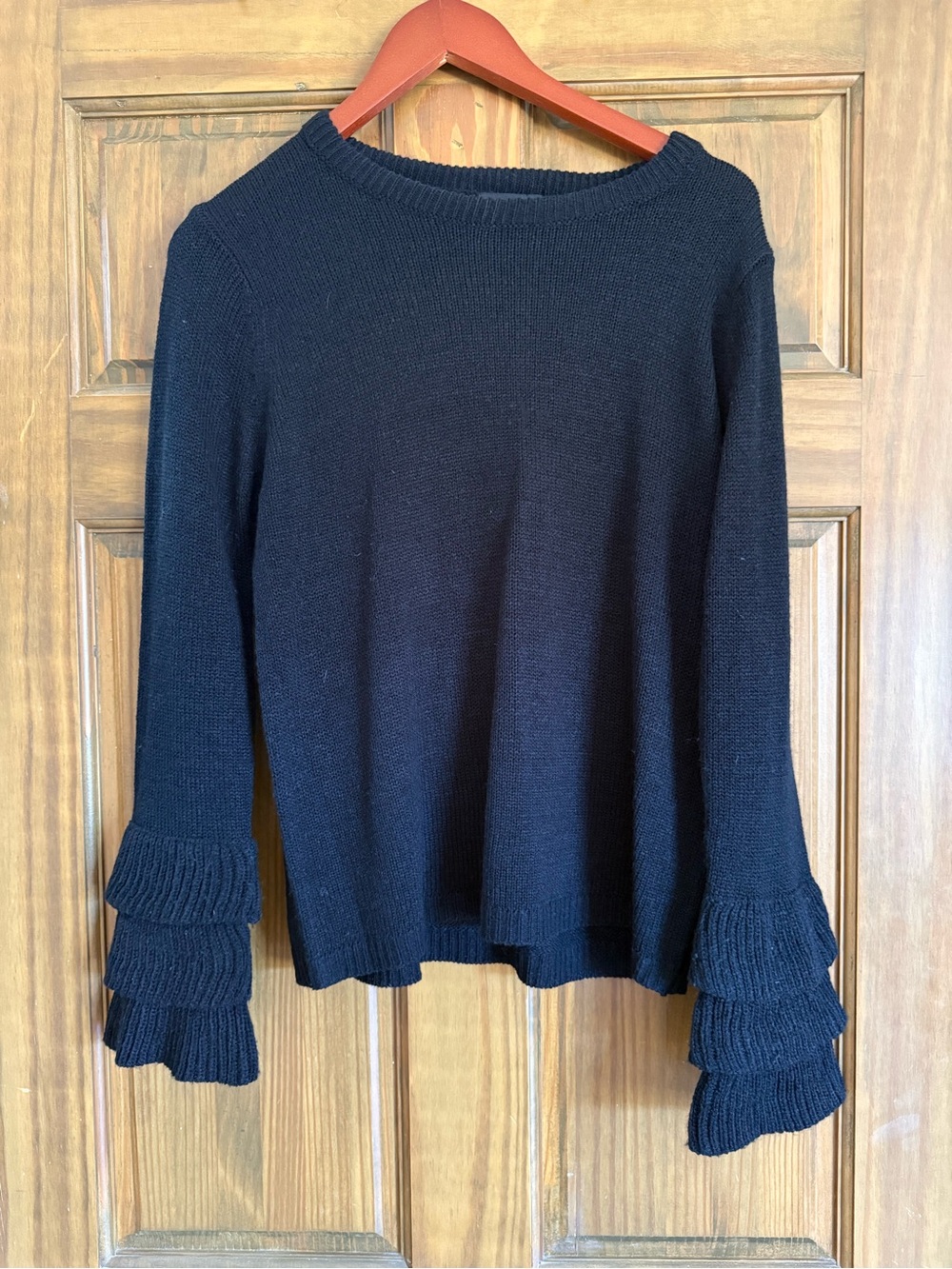 Women's Black Crewneck Sweater with Tiered Ruffle Cuffs